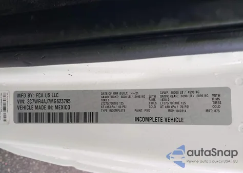 2021 Ram 2500 Tradesman 4X2 8' Box из США, поврежденный, VIN 3C7WR4AJ7MG623795